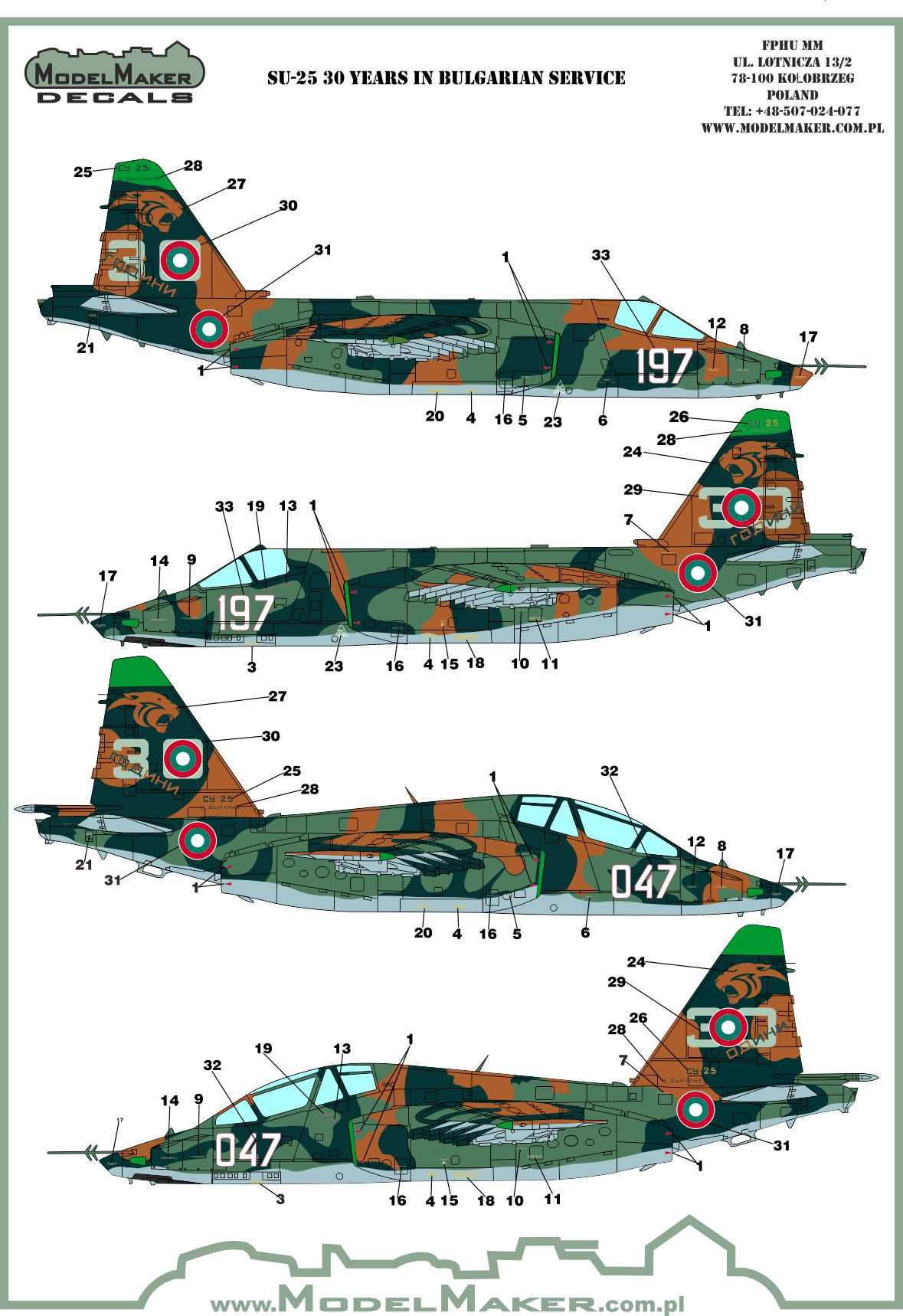  Model Maker Decals Décal Sukhoi Su-25 30 ans de service bulgare- 1/48