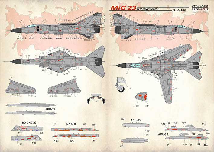  Print Scale Décal Pochoirs techniques Mikoyan MiG-23- 1/48 - Accesso