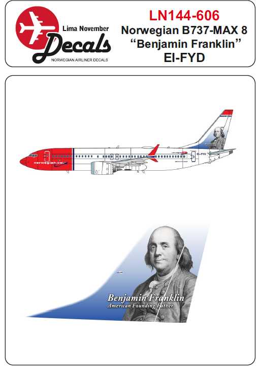  Lima November Décal Boeing norvégien 737 Max 8 EI-FYD Benjamin Frank