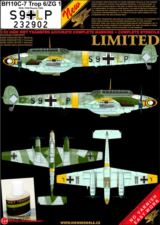  HGW Décal Messerschmitt Bf-110C-7 - S9 + LP (comprend HGW232035 + HGW