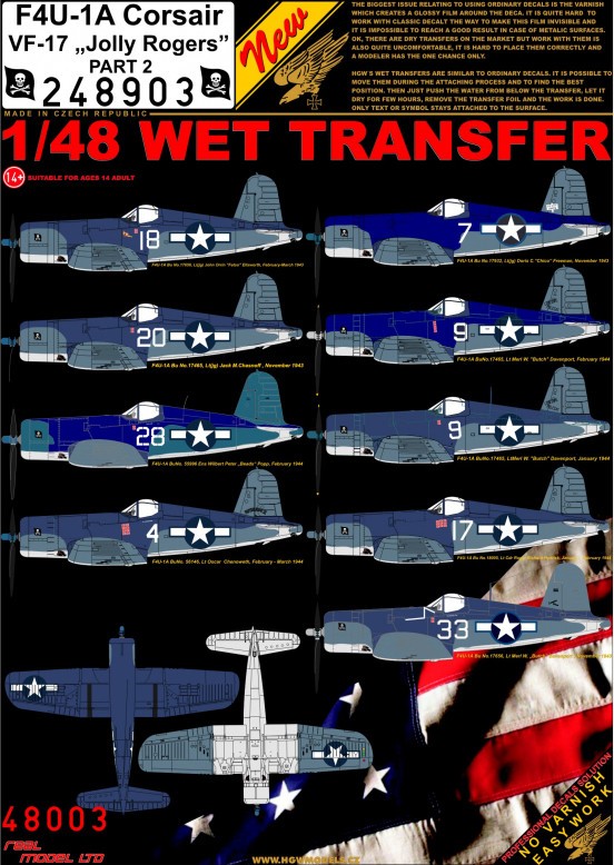  HGW Décal Vought F4U-1A Corsair VF-17 Jolly Rogers - Partie 2- 1/48