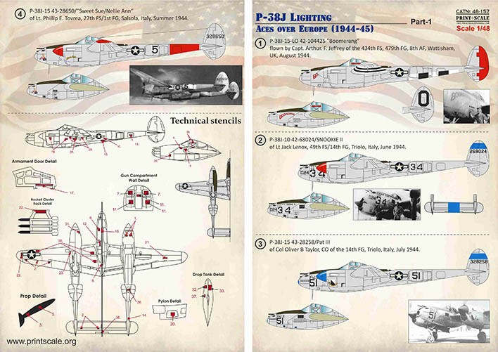 Print Scale Décal Lockheed P-38J Eclairage d'as sur l'Europe (1944-45