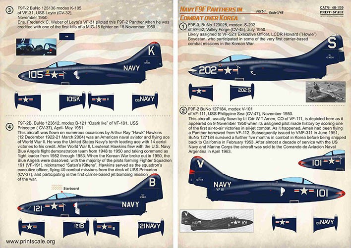  Print Scale Décal Marine Grumman F9F-2 / F9F-3 Panthères en combat su
