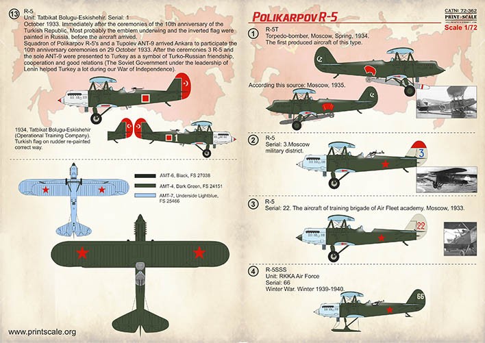  Print Scale Décal Polikarpov R-5 1. R-5T. Torpillo-bombardier, Mosco
