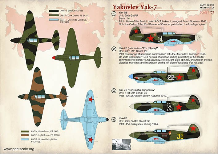 Print Scale Décal Yakovlev Yak-7 1. Yak-7B.Unité: 29ème GvIAP. Série