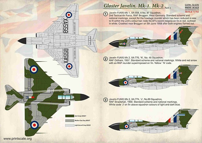  Print Scale Décal Gloster Javelin Mk.1 Mk.2 Partie 1 / 72-370 / 1. J