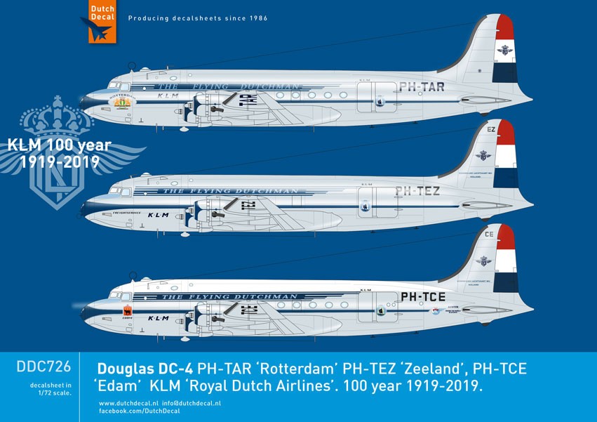  Dutch Decal Décal Douglas DC-4 KLM 100 année 1919-2019. PH-TAR 'Rotte