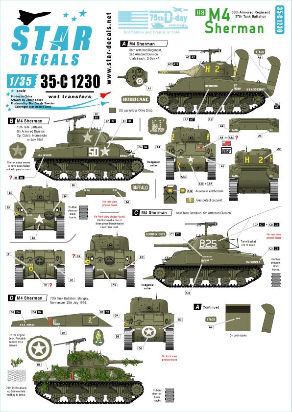  Star Decals US M4 Sherman. Spécial du 75ème jour. La Normandie et la 