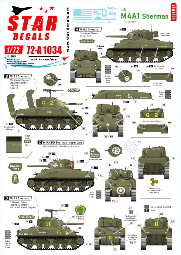  Star Decals US M4A1 Sherman. 75ème Jour-J spécial - Normandie et la F