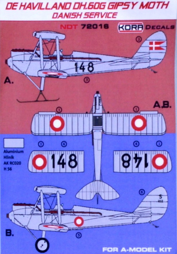  Kora Décal de Havilland DH.60G Gipsy Moth Service Danois-1/72 - Acces
