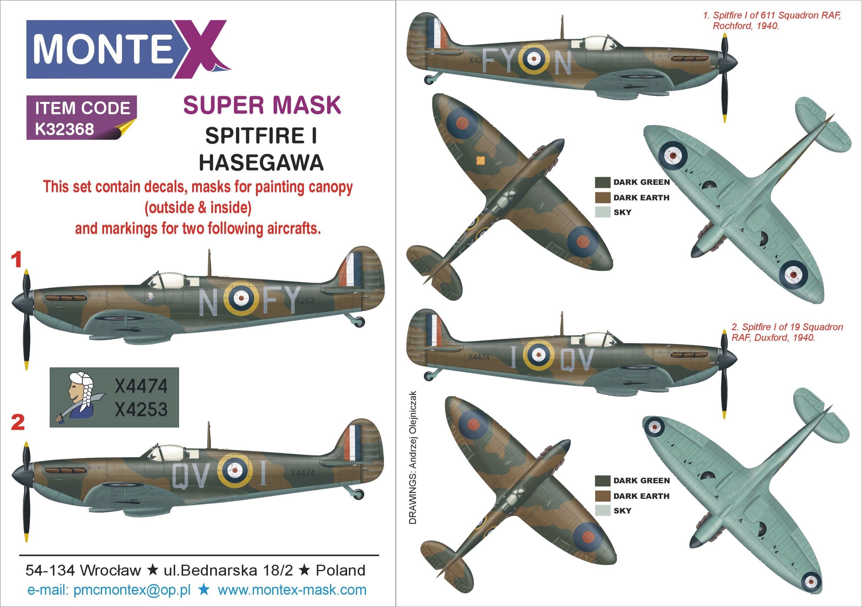  Montex Supermarine Spitfire Mk.I 2 masques à baldaquin (extérieur et 