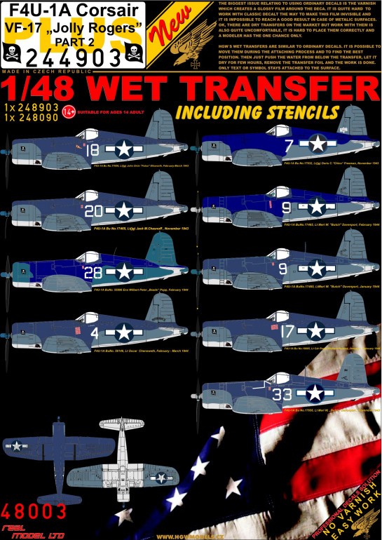  HGW Décal Vought F4U-1A Corsair VF-17 Jolly Rogers - Partie 2- 1/32