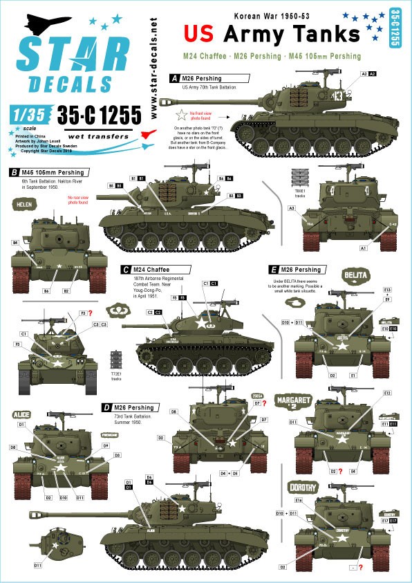  Star Decals US Army Tanks in Korea.M24 Chaffee, M26 Pershing et M45 1