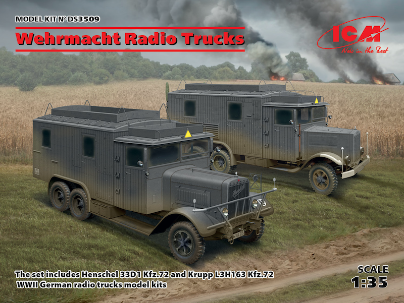 Maquette ICM Camions radio Wehrmacht x 2 (Henschel 33D1 Kfz.72, Krupp 
