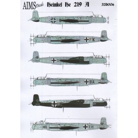 Décal Heinkel He-219A (7) G9 + DH Staffel I / NJG 1 Paderborn 1945; G9 + BA Stab / NJG 1; D5 + BL 3rd Staffel 1 / NJG 3 dessous