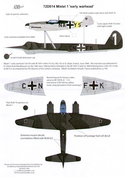  Aims Décal Mistel 1 avec Early Warhead (1) Messerschmitt Bf-109F-4 NA