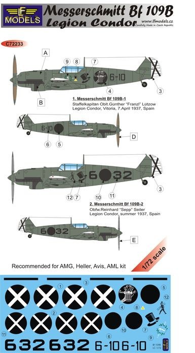 LF Models Décal Messerschmitt Bf-109B Condor de la Légion-1/72 - Acce