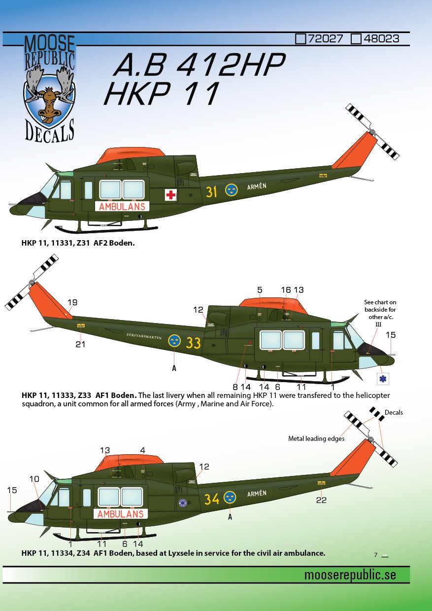  Moose Republic Decals Décal Agusta-Bell AB 412HP / HKP 11-1/72 - Acce