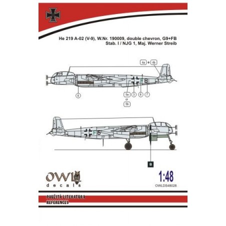  Décal Heinkel He-219 V9 G9+FB (W.Streib) (conçu pour être utilisé avec les kits Tamiya) [Heinkel He-219A-7 'UHU']