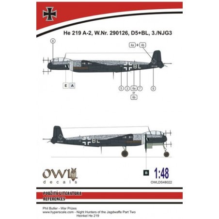  Décal Heinkel He-219 A-2 D5+BL (conçu pour être utilisé avec les kits Tamiya) [Heinkel He-219A-7 'UHU']